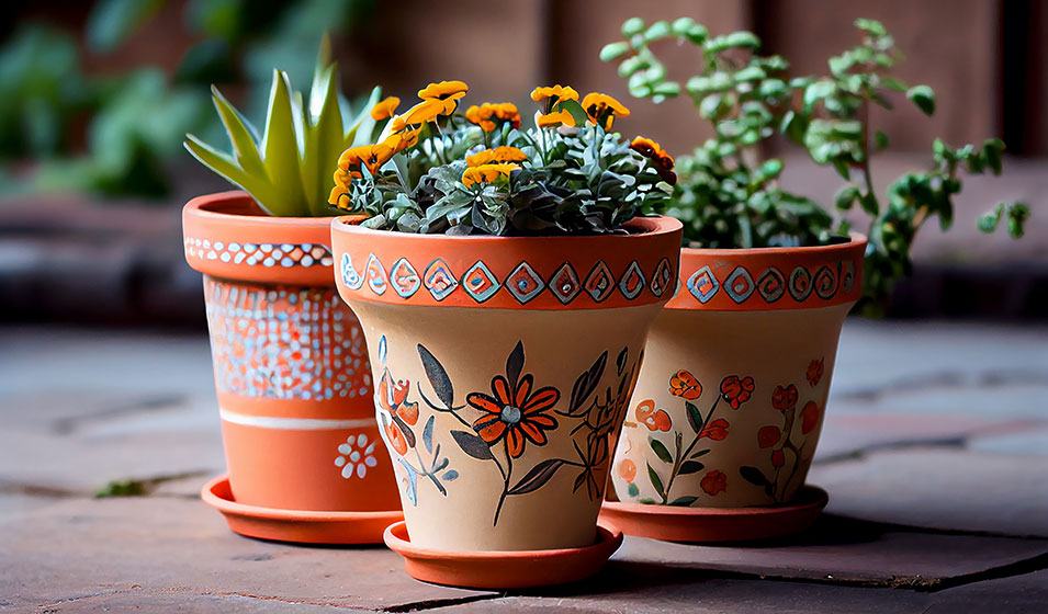 Des pots de fleurs peints à la main, disposés sur un carton